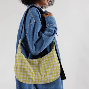 BAGGU Medium Nylon Crescent Bag in Pink Pistachio Pixel Gingham